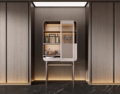 Elegant Modern Wine Cabinet with Glass Door Wine Bottles Metal Legs and Interior Lighting 3d model