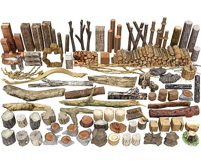 Natural Stone And Wood Collection With Logs Stumps Firewood And Craft Pieces 3d model