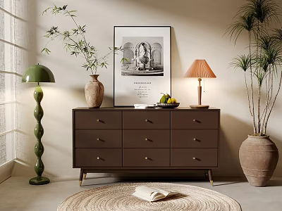 Modern Brown Dresser With Potted Plants Lamps Framed Art And Decorative Rug 3d model