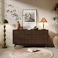Modern Brown Dresser With Potted Plants Lamps Framed Art And Decorative Rug