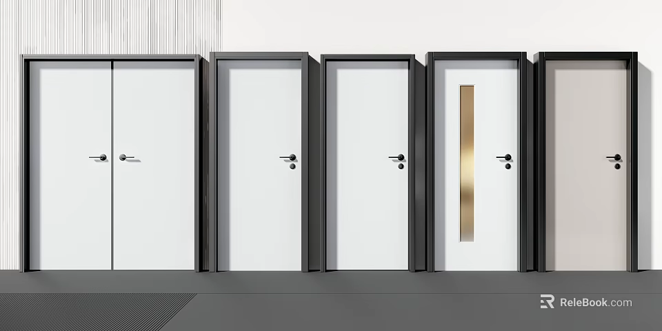 Modern Swing Doors with White Panels Black Frames and Golden Strips Design 3d model