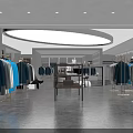 Modern Clothing Store Interior With Racks Of Blue Gray White Garments And Display Shelves