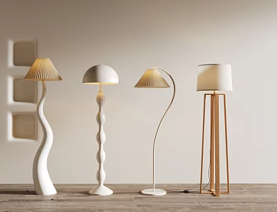 Modern Stylish Floor Lamps Featuring Various Curved Spiral Bases And Lampshades 3d model