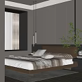 Modern Bedroom Interior with Upholstered Bed Pillows Green Plant Striped Wall and Window Curtains