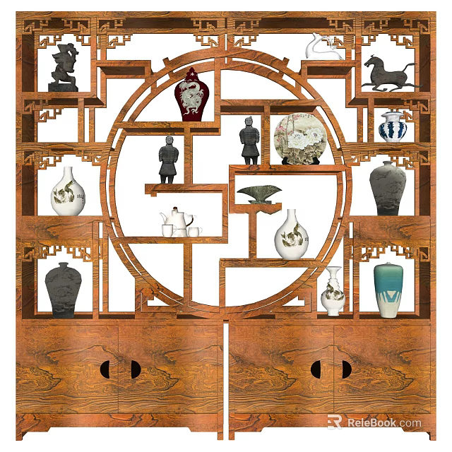 Traditional Wooden Curio Shelf with Openwork Carving Displaying Ceramic Vases Small Statues And Decorative Ornaments 3d model 