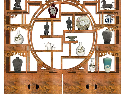 Traditional Wooden Curio Shelf with Openwork Carving Displaying Ceramic Vases Small Statues And Decorative Ornaments 3d model