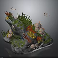 Underwater Coral Reef Scene With Rocky Structure Seaweed Colorful Corals And Small Fish