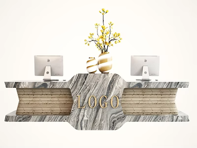 Modern Reception Desk With Marble Top Wooden Panel Logo Yellow Flower Vase And Computer Monitors 3d model
