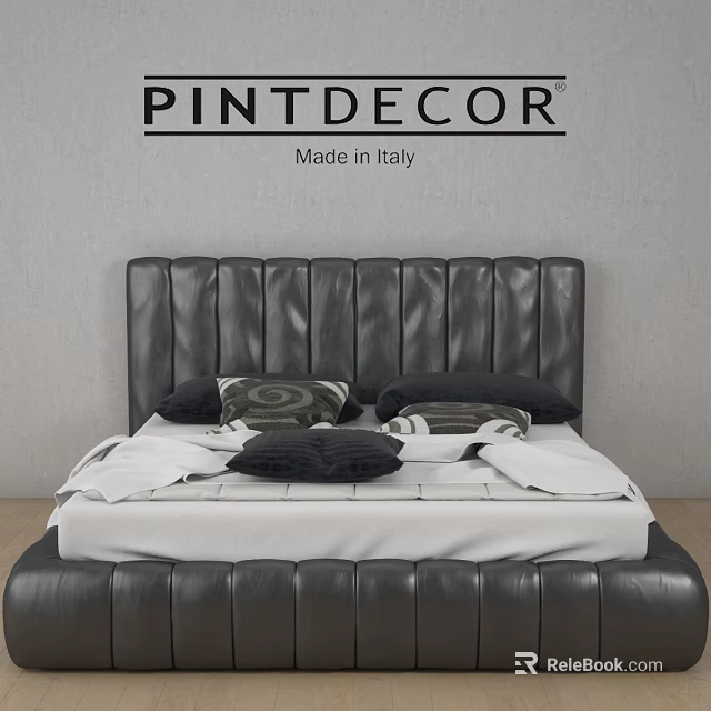 PINTDECOR Made in Italy Double Bed with Black Leather Stitched Headboard and Bedding 3d model 