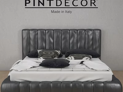 PINTDECOR Made in Italy Double Bed with Black Leather Stitched Headboard and Bedding 3d model