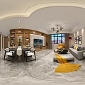 Modern Open Living and Dining Room Interior With Sofa Dining Table Chandelier and City View