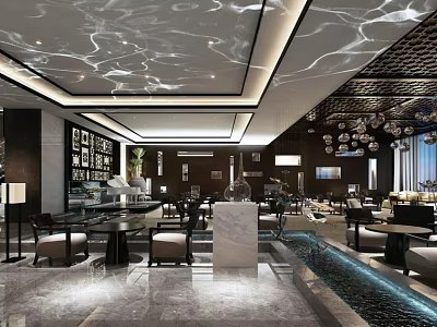 Modern Elegant Restaurant Lobby Interior With Chandeliers Water Feature Marble Tables And Leather Seats 3d model