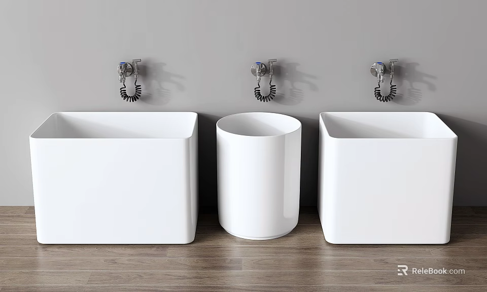 Modern Bathroom Sinks With Square And Cylindrical White Design Wooden Countertop And Chrome Faucets 3d model 