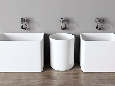 Modern Bathroom Sinks With Square And Cylindrical White Design Wooden Countertop And Chrome Faucets 3d model