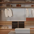 Modern Wooden Wardrobe Interior With Hanging Clothes Storage Boxes And Bench