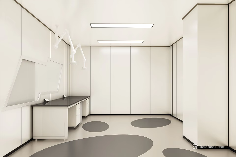 Modern Laboratory Interior Design With White Cabinets Lab Benches And Circular Floor Patterns 3d model 