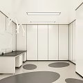Modern Laboratory Interior Design With White Cabinets Lab Benches And Circular Floor Patterns 3d model