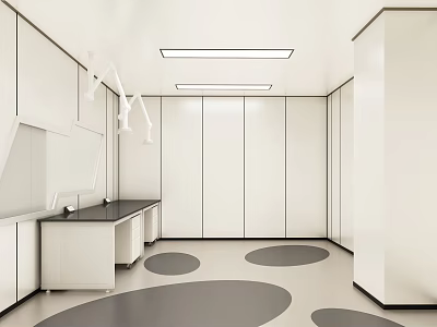 Modern Laboratory Interior Design With White Cabinets Lab Benches And Circular Floor Patterns 3d model