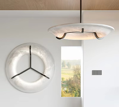 Modern Pendant Light Hanging in Interior with White Wall Circular Art and Window View 3d model