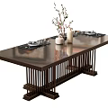 Dark Wooden Dining Table with Slatted Legs and Decorative Tableware Vase with Flower Branches