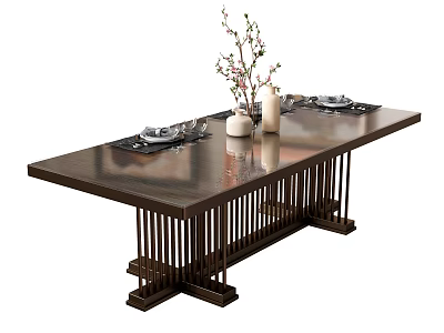 Dark Wooden Dining Table with Slatted Legs and Decorative Tableware Vase with Flower Branches 3d model