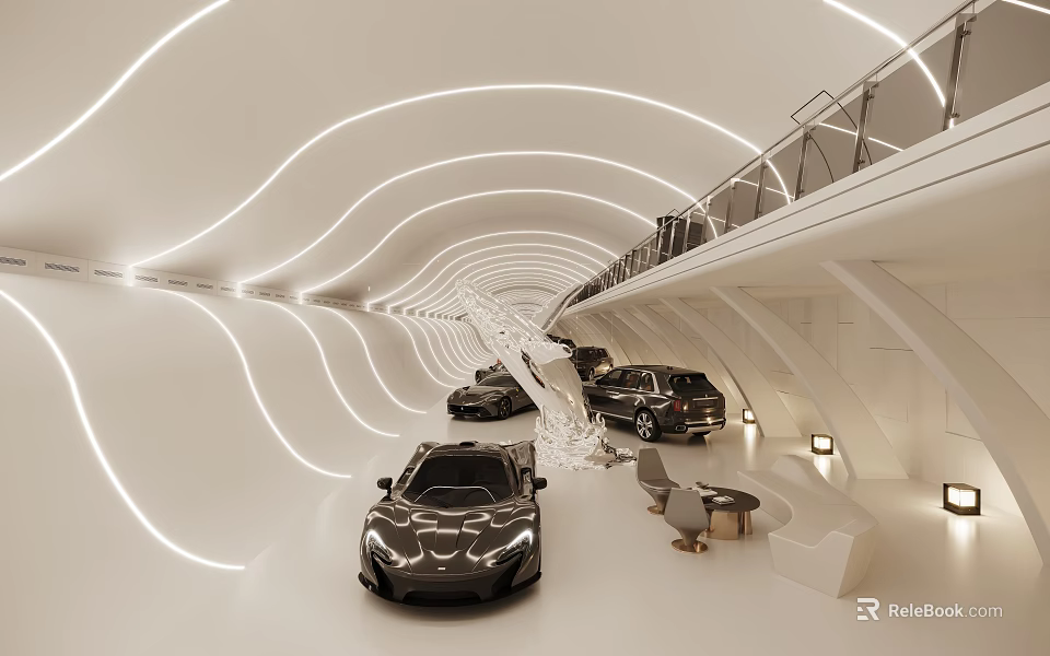 Modern Tunnel Interior With White Wave Lighting Black Cars And Modern Furniture 3d model 