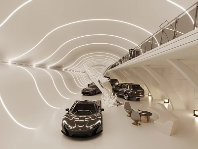 Modern Tunnel Interior With White Wave Lighting Black Cars And Modern Furniture 3d model