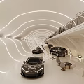Modern Tunnel Interior With White Wave Lighting Black Cars And Modern Furniture