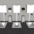 Contemporary Squat Toilet Setup With Water Tanks Trash Bins And Toilet Paper Holders