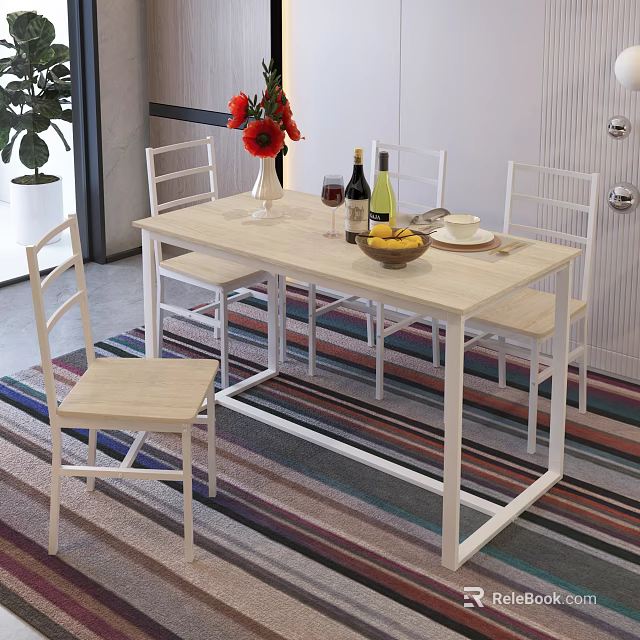 Light Wood Dining Table Set with White Chairs Red Flowers Wine Bottles Fruit Bowl 3d model 