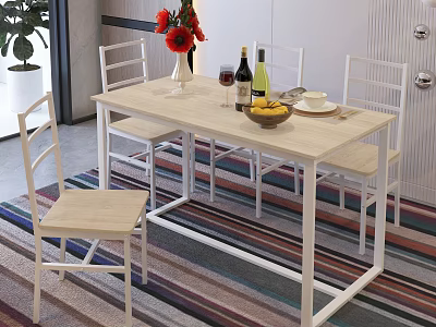 Light Wood Dining Table Set with White Chairs Red Flowers Wine Bottles Fruit Bowl 3d model