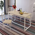 Light Wood Dining Table Set with White Chairs Red Flowers Wine Bottles Fruit Bowl
