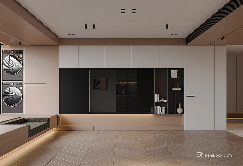 Sleek Modern TV Console Wall Unit With Storage Drawers And Floating Shelves 3d model 
