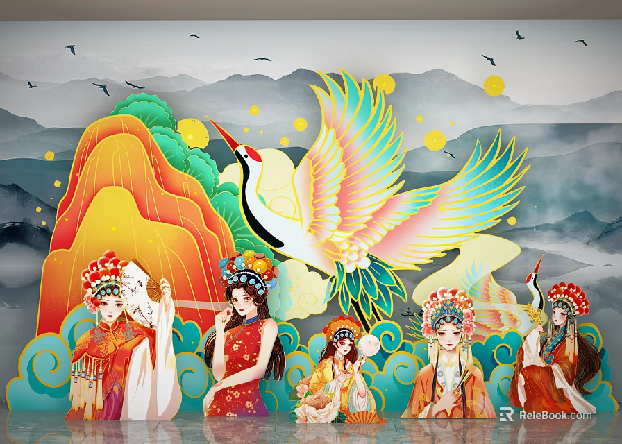 Colorful Traditional Chinese Mural With Crane And Costume Figures In Ornate Headdresses 3d model 