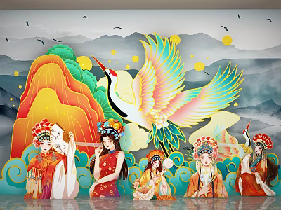 Colorful Traditional Chinese Mural With Crane And Costume Figures In Ornate Headdresses 3d model