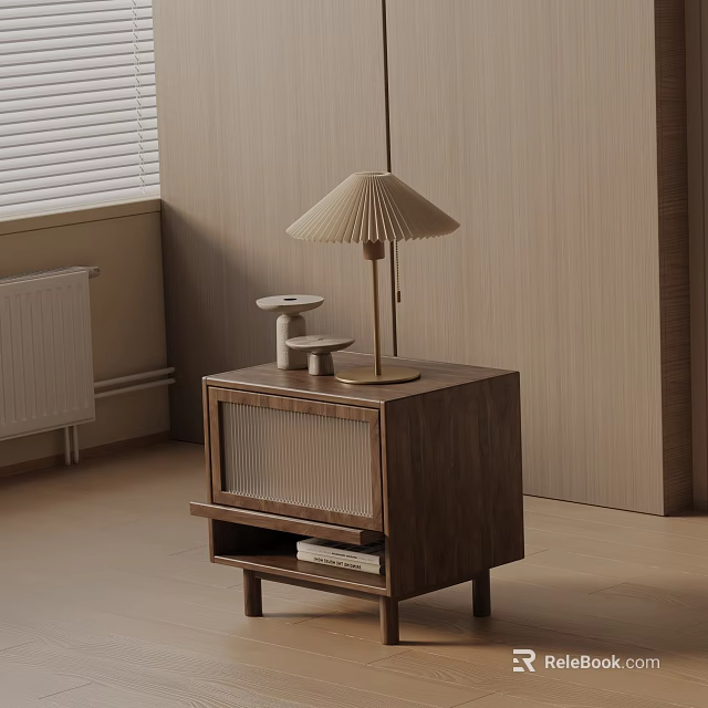 Modern Walnut Wood Nightstand With Pleated Lamp Small Decor And Shelf 3d model 