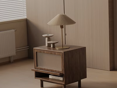 Modern Walnut Wood Nightstand With Pleated Lamp Small Decor And Shelf 3d model
