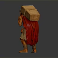 Hunchbacked Elderly Man Carrying Large Box With Wooden Walking Stick And Simple Robe