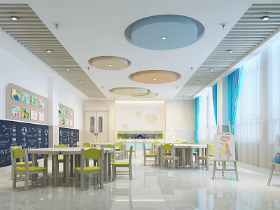 Modern Kindergarten Classroom Interior With Yellow Chairs And Ceiling Lights 3d model
