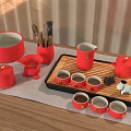 Red Ceramic Tea Set With Teacups Teapot Bamboo Tray Storage Jar And Teaspoons