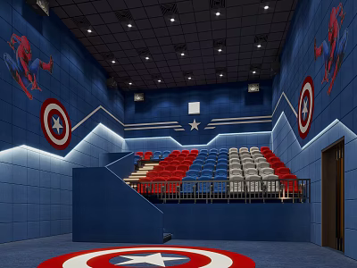 Captain America Themed Cinema Interior With Spiderman Murals Red Blue Gray Seats And Stepped Seating 3d model