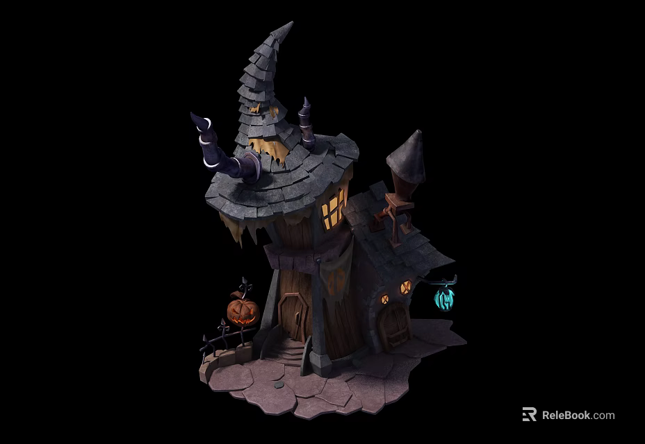 Cartoon Halloween Witch House with Pointed Roof Pumpkin Lantern Blue Lantern and Stone Steps 3d model 