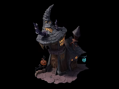 Cartoon Halloween Witch House with Pointed Roof Pumpkin Lantern Blue Lantern and Stone Steps 3d model