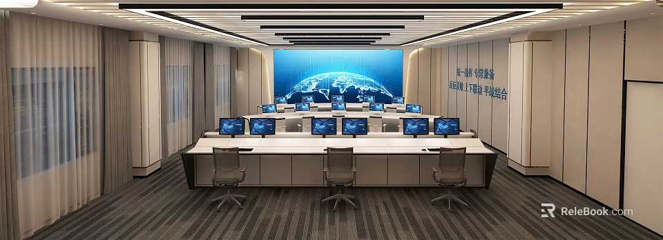 Modern Monitoring Room Interior With Multiple Monitor Screens Control Console And World Map 3d model 