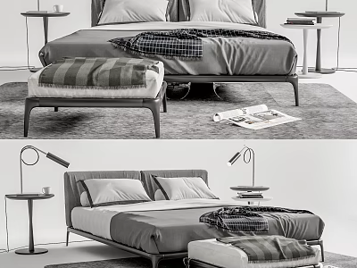 Modern Double Bed With Gray Bedding Bedside Tables Bench And Floor Lamp 3d model