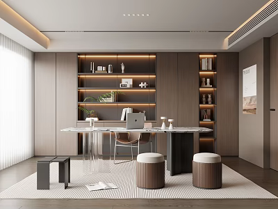 Modern Study Room Interior Design With Wooden Bookshelves Desk Warm Lighting And Green Plants 3d model