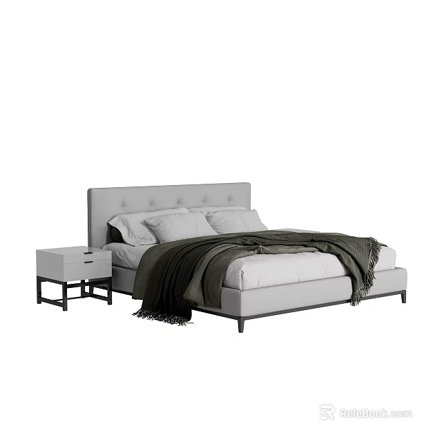 Gray Upholstered Double Bed With Two Nightstands White Pillows And Dark Throw Blanket 3d model