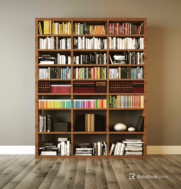 Tall Wooden Bookcase With Colorful Book Spines And Divided Shelves Holding Stacked Books 3d model 