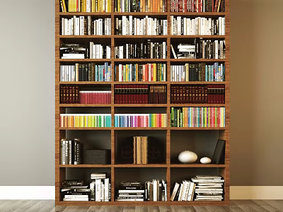 Tall Wooden Bookcase With Colorful Book Spines And Divided Shelves Holding Stacked Books 3d model