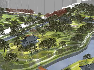 Scenic Park Landscape With Traditional Pavilion Lush Trees Green Lawn And Winding River Path 3d model